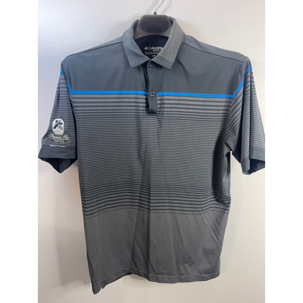 Columbia Golf Mens L G Short Sleeve Polo Shirt Grey Blue Striped Omni Wick